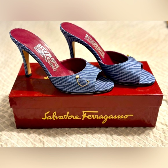 Vintage - Salvatore Ferragamo Denim Striped Heels/ Slides - Picture 3 of 4